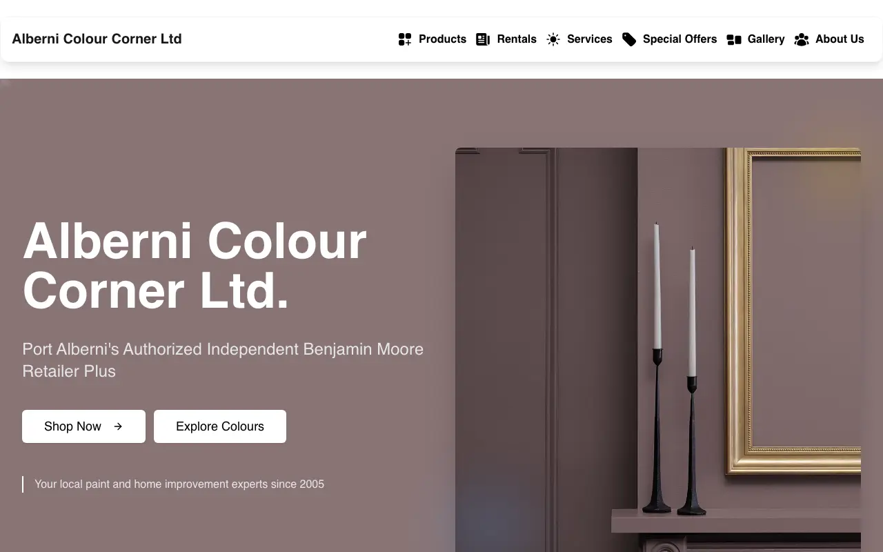 The Alberni Colour Corner home page: the store name over a painted room, with Shop Now and Explore Colours buttons.