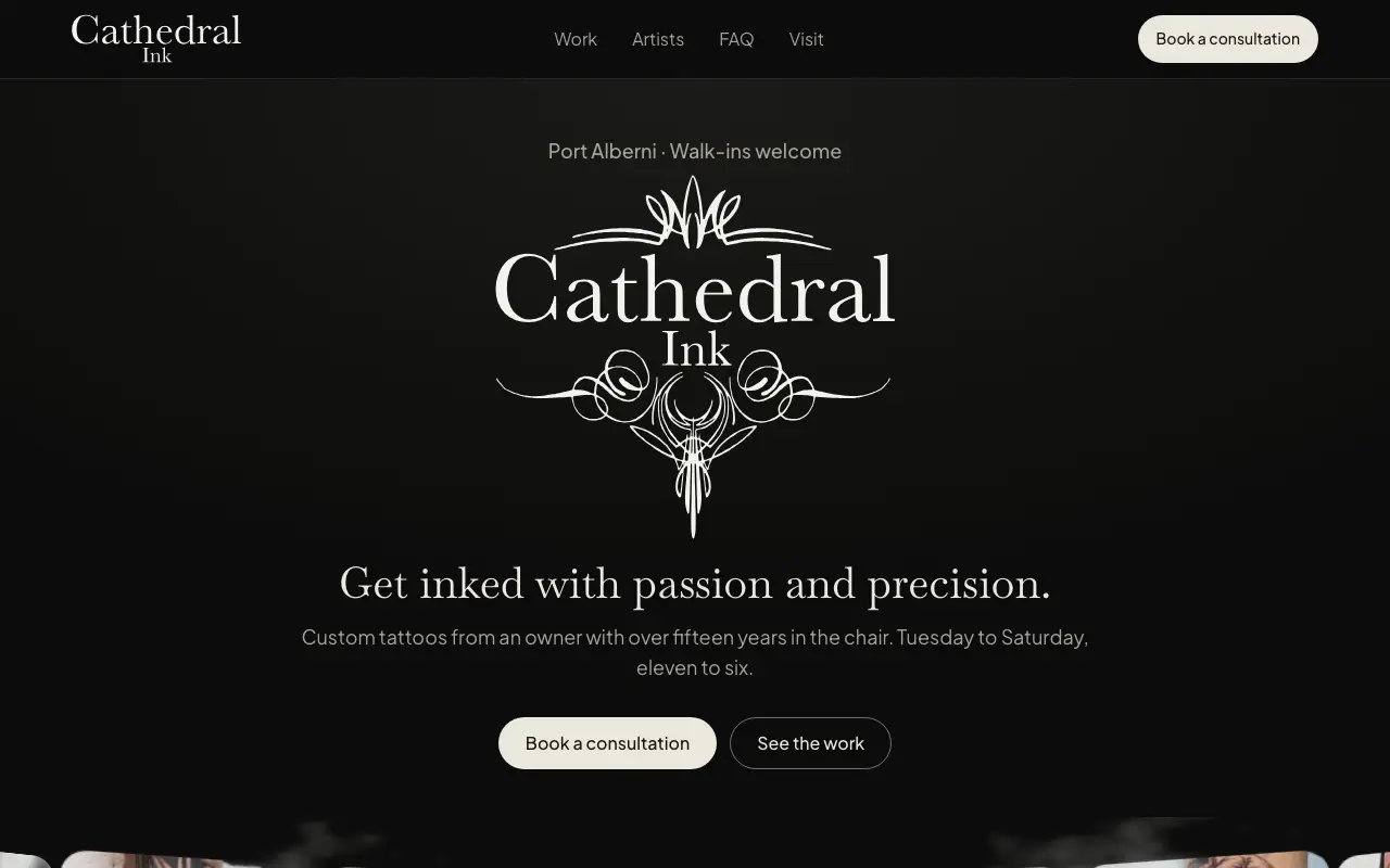 The Cathedral Ink home page: the shop's ornate wordmark on black, over Book a consultation and See the work buttons.