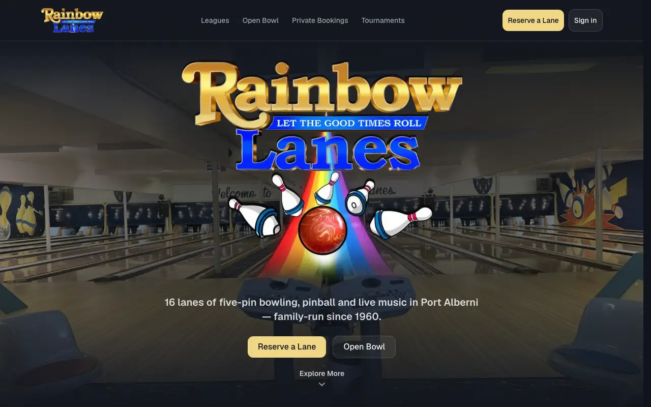 The Rainbow Lanes home page: a lit bowling alley behind the Reserve a Lane button.